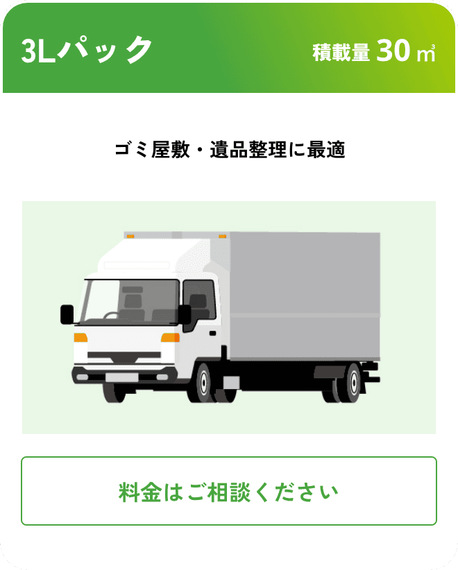 3Lパック こんな時におすすめ：ゴミ屋敷・遺品整理に最適 積載量30㎥ 料金はご相談ください