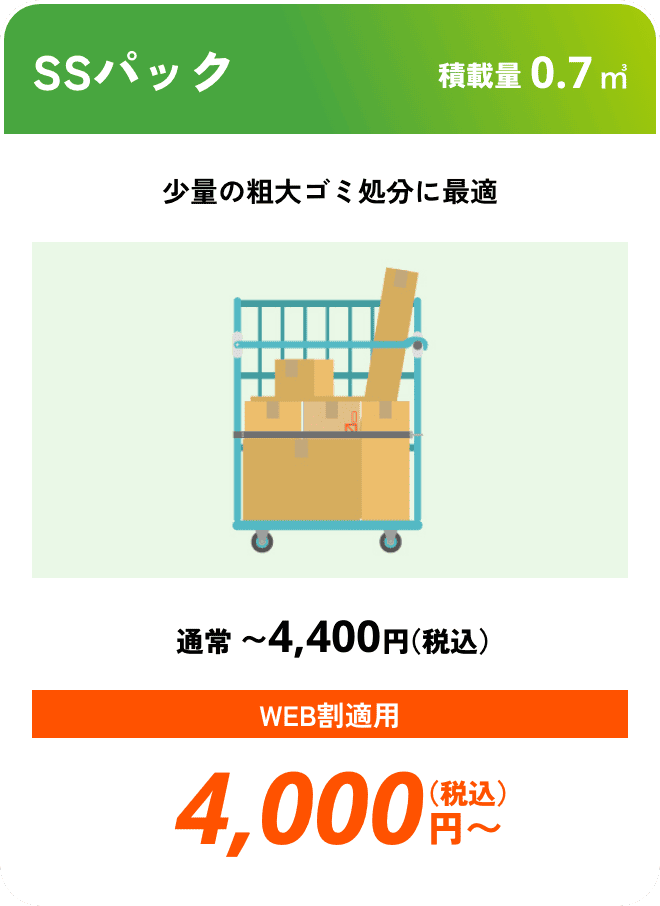 SSパック こんな時におすすめ：少量の粗大ゴミ処分に最適 積載量0.7㎥ 通常〜4,400円（税込） WEB割適用で4,000円（税込）〜