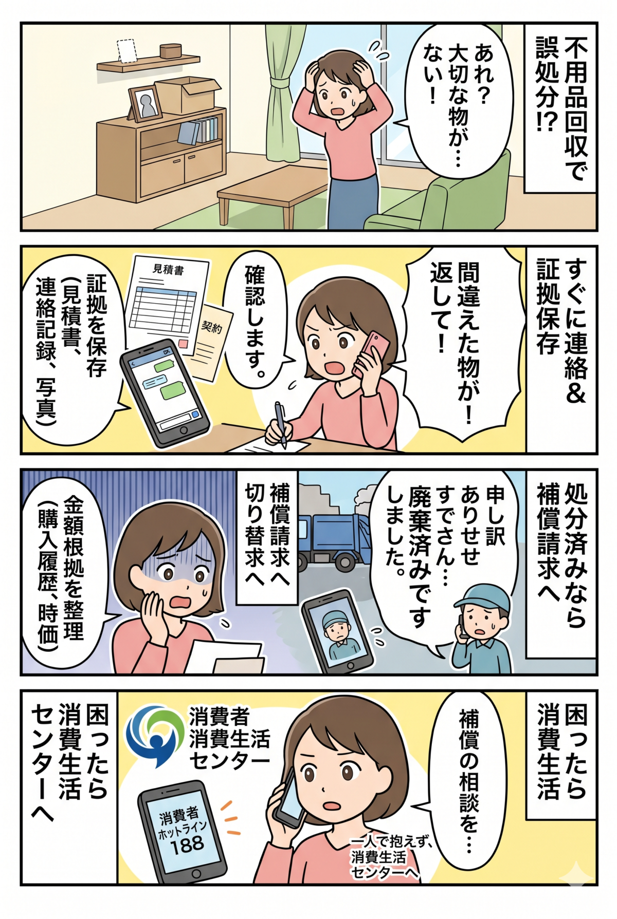 不用品回収で間違えて処分された時の対処法|返却確認・補償請求・相談先を解説
