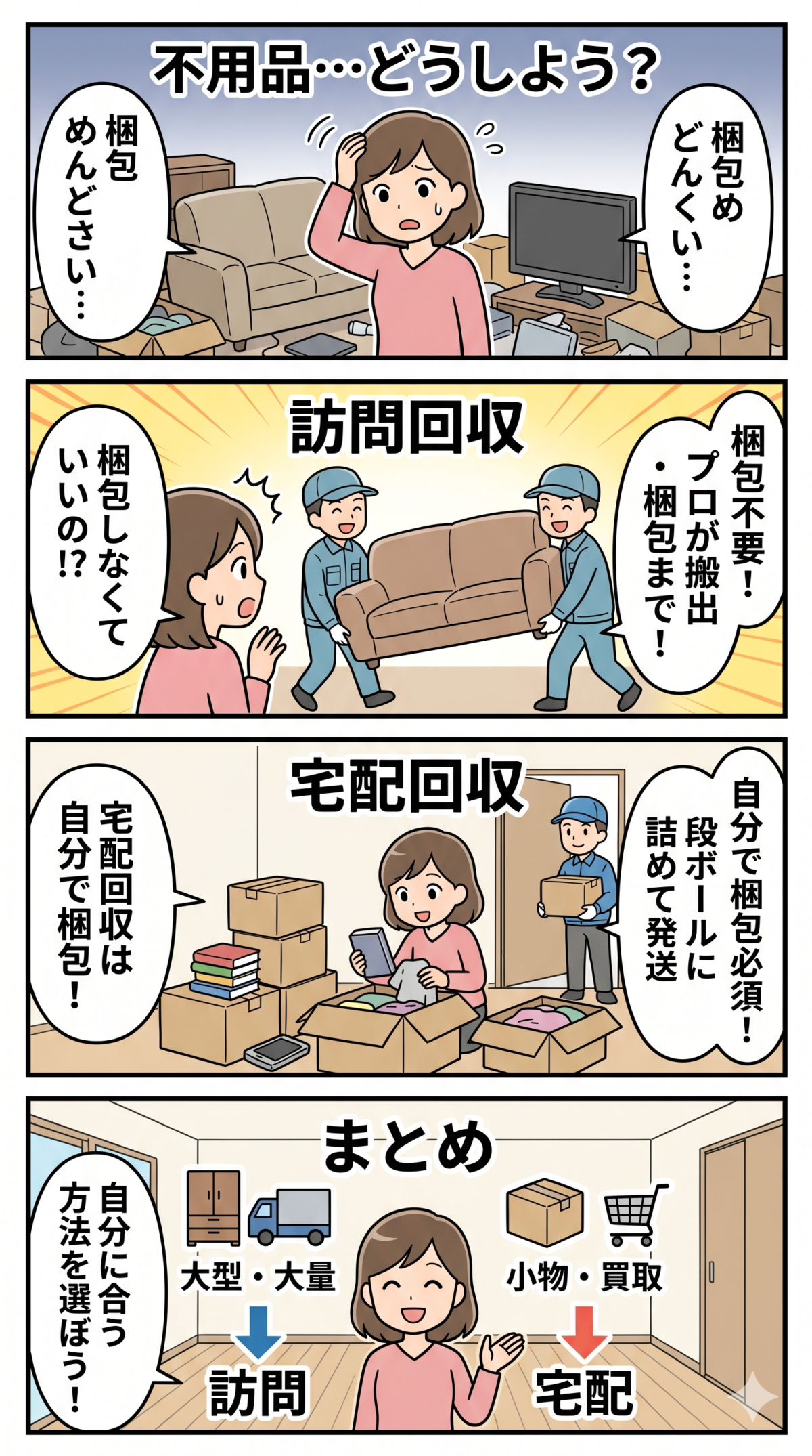 不用品回収の荷物は梱包が必要なのかを、訪問回収・宅配回収・持ち込み別に解説。業者が梱包するケース、自分で梱包するケース、梱包方法、費用相場、悪質業者の注意点まで分かりやすく紹介します。