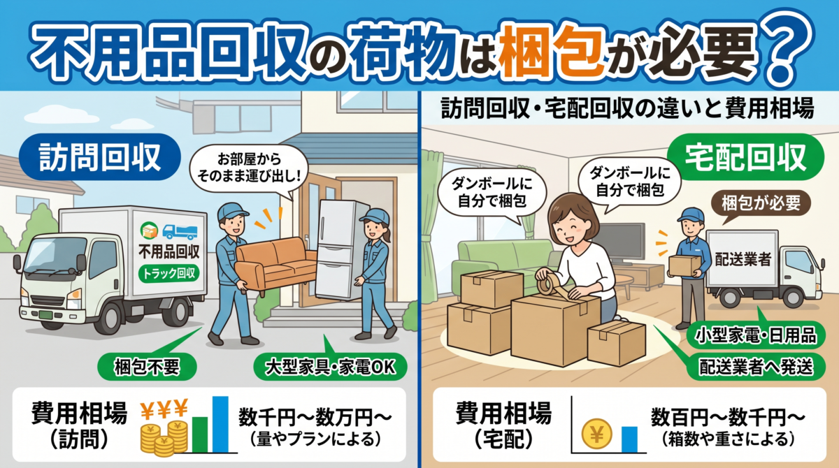 不用品回収の荷物は梱包が必要？訪問回収・宅配回収の違いと費用相場