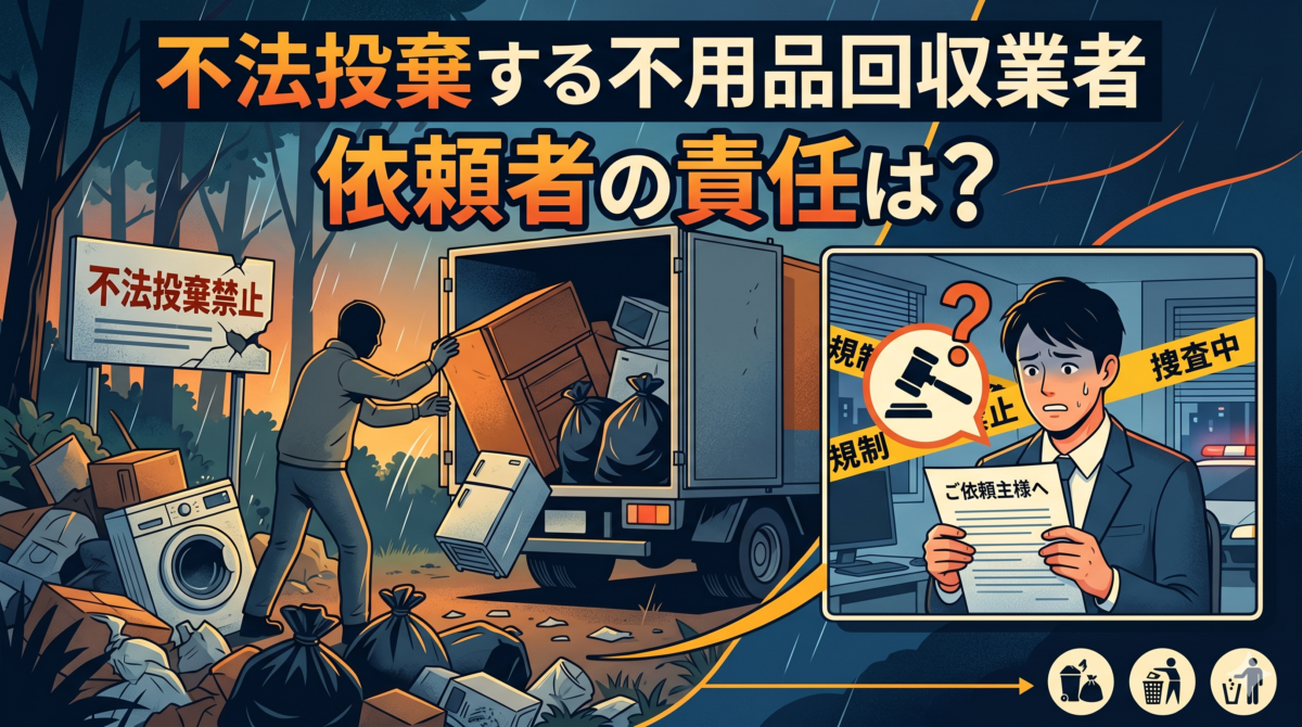 不法投棄する不用品回収業者に依頼した場合、依頼者も責任を問われる可能性があります。無許可業者のリスク、罰則、費用負担、適法業者の確認方法をわかりやすく解説します。