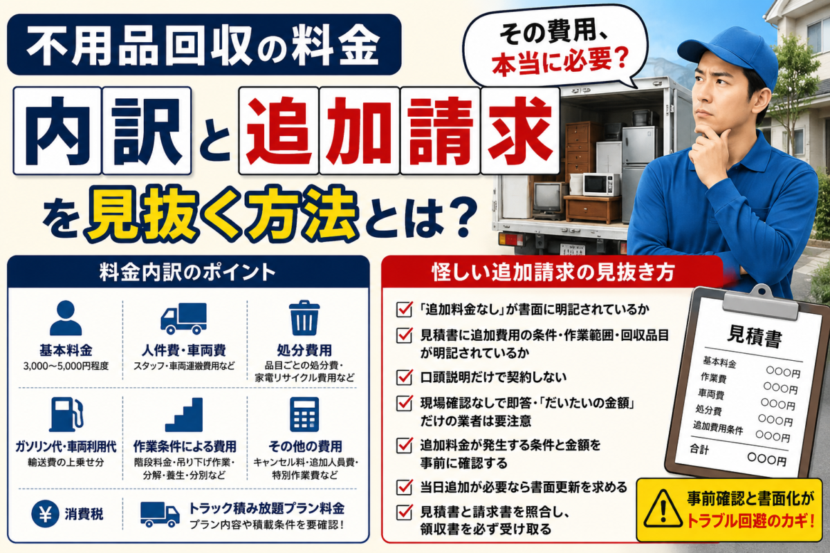 【見積もり前の必読書】不用品回収の料金内訳を徹底解説！怪しい追加請求を見抜く方法