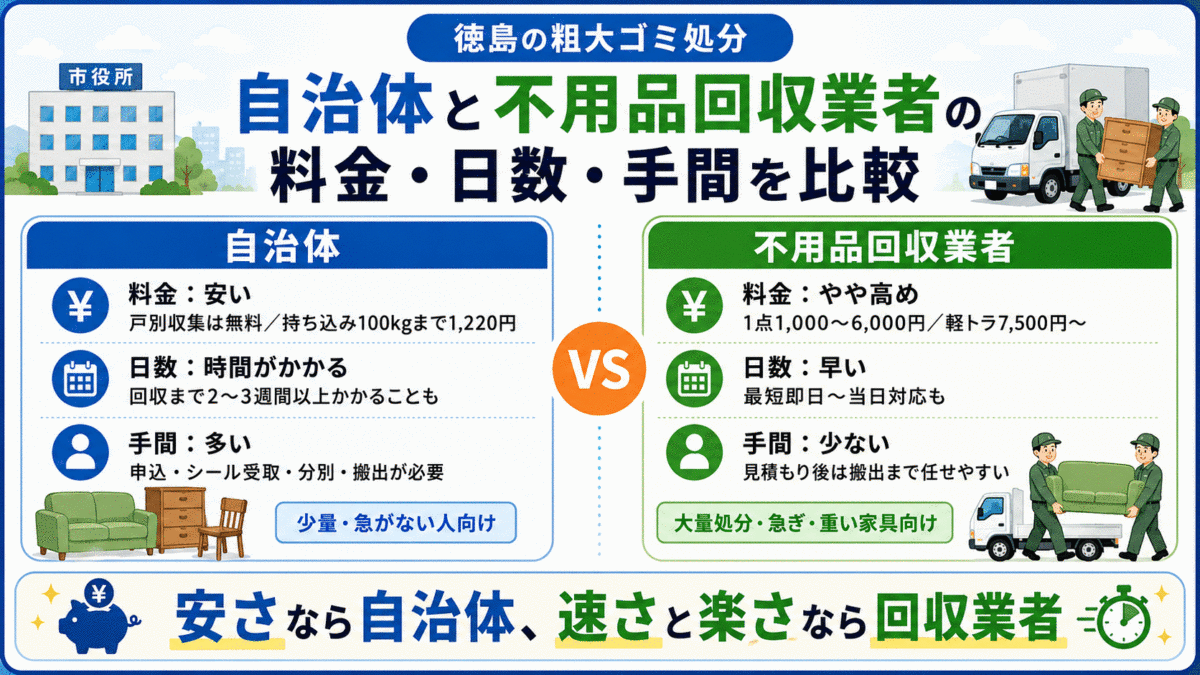 自治体と不用品回収業者の料金・日数・手間を比較